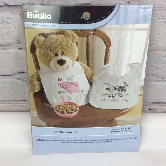 Bucilla "On The Farm" 2 Bibs Kit Stamped Cross Stitch "Pig Out" "The Milky Way" - Picture 1 of 5